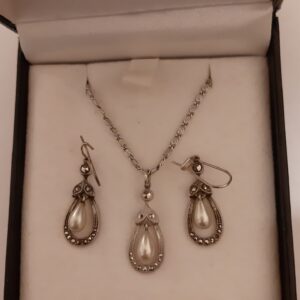 Antique silver pearl marcasite bridal jewellery set pendant earrings Victorian